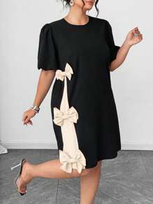 Auvina 大码夏季优雅拼色蝴蝶结装饰连衣裙 - 杏色 - 查看 1