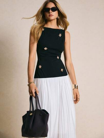 Poéselle Vestido sin mangas con dobladillo plisado y tachuelas de moda para mujeres