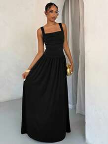 SHEIN BAE Elegancka, jednolita, brązowa sukienka damska z obszernym kołnierzykiem i rozkloszowaną spódnicą, odpowiednia na wiosnę i lato