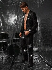 FeverCity Summer Men's Personalized Cut-Out Shiny Long Sleeve Suit Jacket And Pants Set, Party Occasion - Black - View 4