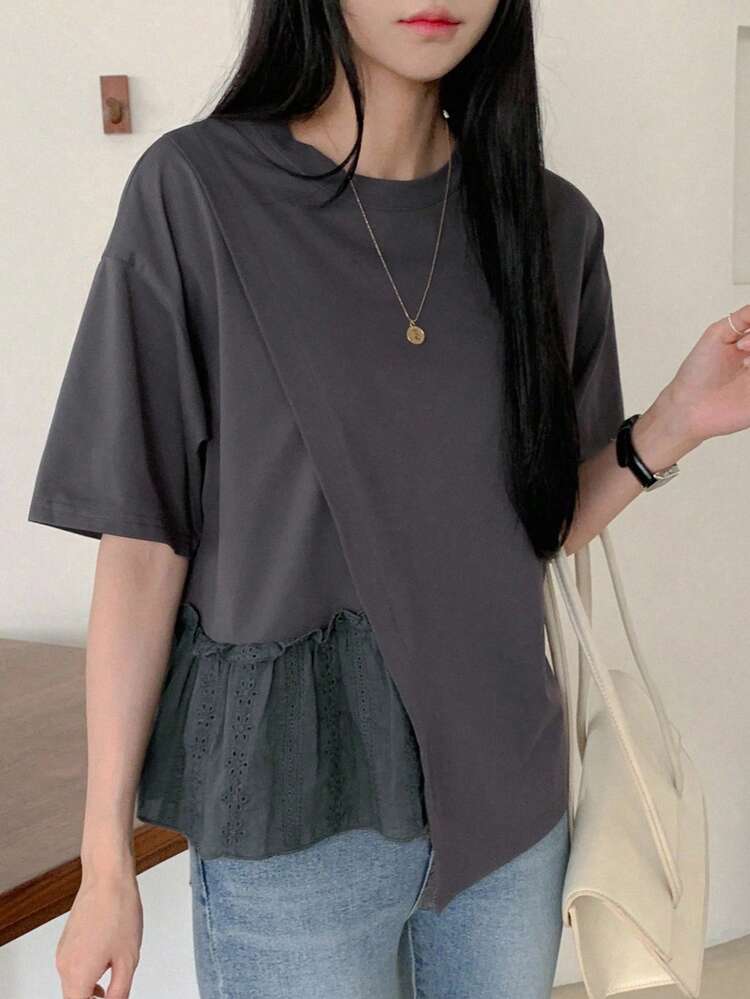 Women's Summer Solid Color Round Neck Drop Shoulder Casual T-Shirt With Ruffled Hem