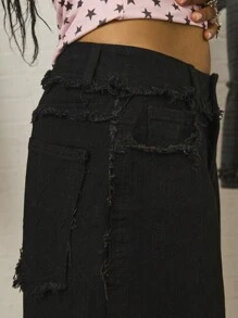 COUREZ 低腰长款宽松牛仔短裤，做旧细节 / Y2K 秋季女装街头复古阔腿裤 - 深色水洗藍 - 查看 4