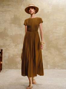 Revavyn Đầm suông nữ chất liệu cotton dệt trơn sọc cổ tròn tay ngắn cạp chun, viền loe, thanh lịch, thích hợp mặc khi hẹn hò, đi nghỉ, dã ngoại, đi làm vào mùa hè và mùa thu - Màu xanh Ô liu - Xem 6