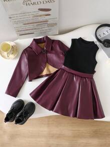 3pcs Young Girls Sweet Fashion Deep Red Long Sleeve PU Leather Collar Jacket, Paired With Simple Black Long Sleeve Top And Deep Red PU Leather A-Line Skirt Soft Comfortable Set, Autumn/Winter Fall - Rusty Rose - View 6