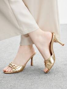 CUCCOO BIZCHIC Giày cao gót đế xuồng PU ánh kim màu vàng cho nữ, giày mules mũi tròn trang trí ánh kim thời trang quyến rũ - Vàng - Xem 3