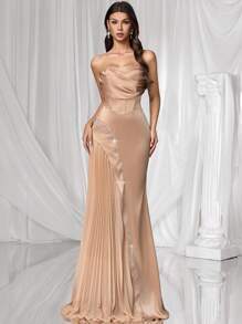 Coutiva Women's Rhinestone Embellished Criss-Cross Formal Evening Gown (Heavily Embellished),Women's Fashion Casual Autumn And Winter Sexy Party Wedding Birthday Back To Work Back To School Halloween Costumes, Gifts For Mom, Women's Autumn Suits Autumn Dress Autumn Skirt Winter Women's Clothing, Champagne Sequin Dress - Khaki - View 4