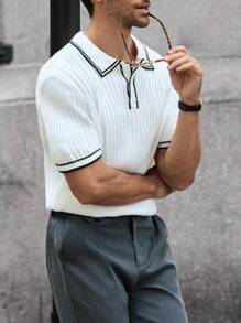 Manfinity Bizformal Men's Striped Polo Collar Short Sleeve Casual Knit Top