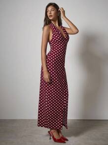 COSMINA 女士优雅V领波点腰带连衣裙，初秋，女士约会夜服装，外出服装，女士生日礼服，婚礼宾客礼服 - 紅色 - 查看 6