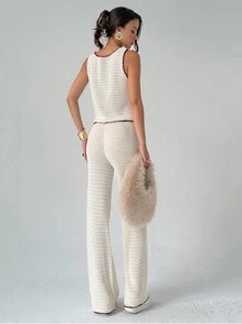 Aloruh 2pcs Women Contrast Color Knitted Vest Sweater + Straight Wide Leg Contrast Color Knitted Pants Set, Early Autumn - Multicolor - View 3