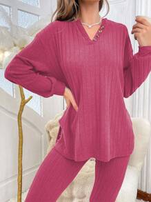 Conjunto de ropa de estar en casa para mujer con textura y medio botón de unicolor, ropa de otoño e invierno, atuendos acogedores - Rosa Fucsia - Ver 5
