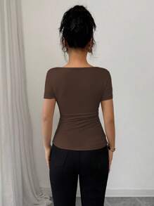 Selianne Elegant Draped Neck Asymmetric Ruffle Short Sleeve T-Shirt, Summer - Coffee Brown - View 2