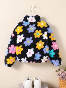 SHEIN 年轻女孩彩色花卉针织蓬松宽松休闲立领夹克，秋季 (10) 和冬季 (5)，颜色：黑色、蓝色、绿色、蓝色、红色、粉色 - 黑色 - 查看 3