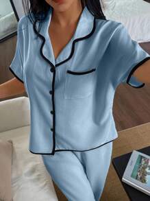 SHEIN Bộ đồ ngủ tay ngắn rộng rãi, thoải mái, ve áo viền tương phản - Màu xanh lam - Xem 4