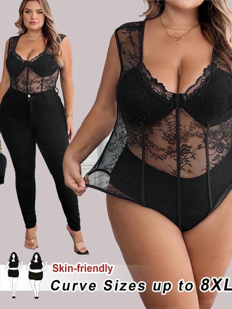 SHEIN CURVE+ 大尺碼花卉蕾絲秋冬冬季服飾 2026 22W - 黑色 - 查看 1