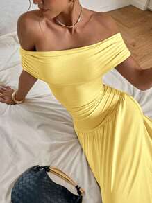 Siren Gaze 女士优雅纯色露肩长裙 - 淡黃色 - 查看 7