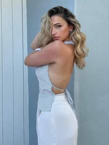 Jeta Ari Striped Deep V-Neck Halter Backless Bowknot Up Fashionable Sexy Women Shirt