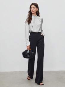 BizChic 女式不对称设计褶饰宽松立领长袖上衣，基本款简约优雅商务休闲装，适合城市通勤，适合教师、办公室、婚礼、音乐会