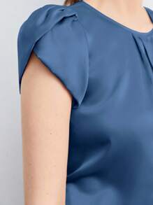 SHEIN BIZwear 女士纯色圆领褶裥装饰蝙蝠袖宽松短袖衬衫，优雅办公休闲衬衫，女士基础款上衣 - 藍色 - 查看 6