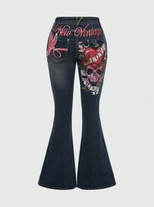 ROMWE Fairycore 复古 Y2K 性感做旧低腰喇叭牛仔裤，蝴蝶和骷髅刺绣，女款 - 藍色 - 查看 5