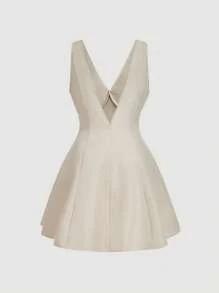 SHEIN MOD Plus Size Women Elegant White Linen V-Neck Dress,Sleeveless Button Detail Waist Cinched Summer Tea Party Dress,Wimbledon Style Homecoming Outfit - Apricot - View 2