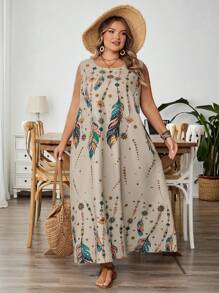 SHEIN CURVE+ Plus Size Women's Sleeveless Floral Print Dress, Summer,Holiday Outfits For Womenfall Clothes For Women,Winter,CURVE PLUS - Multicolor - View 7