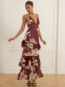 Aveloria Modichic Brush Stroke Random Print Silhouette Flower Contrast Color Chiffon Sleeveless Dress With Ruffle Hem, Elegant & Sexy Women Long Dress - Multicolor - View 7