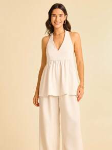 CAJUNI Women's V-Neck Solid Color Halter Tie Blouse-Fall Clothes For Women/Basic Tops - White - View 4