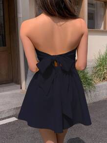 INAWLY Women's Solid Color Twist Back Ruffle Hem Bandeau Mini Dress - Navy Blue - View 2