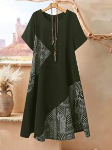 EMERY ROSE 大码休闲度假花卉印花拼布连衣裙