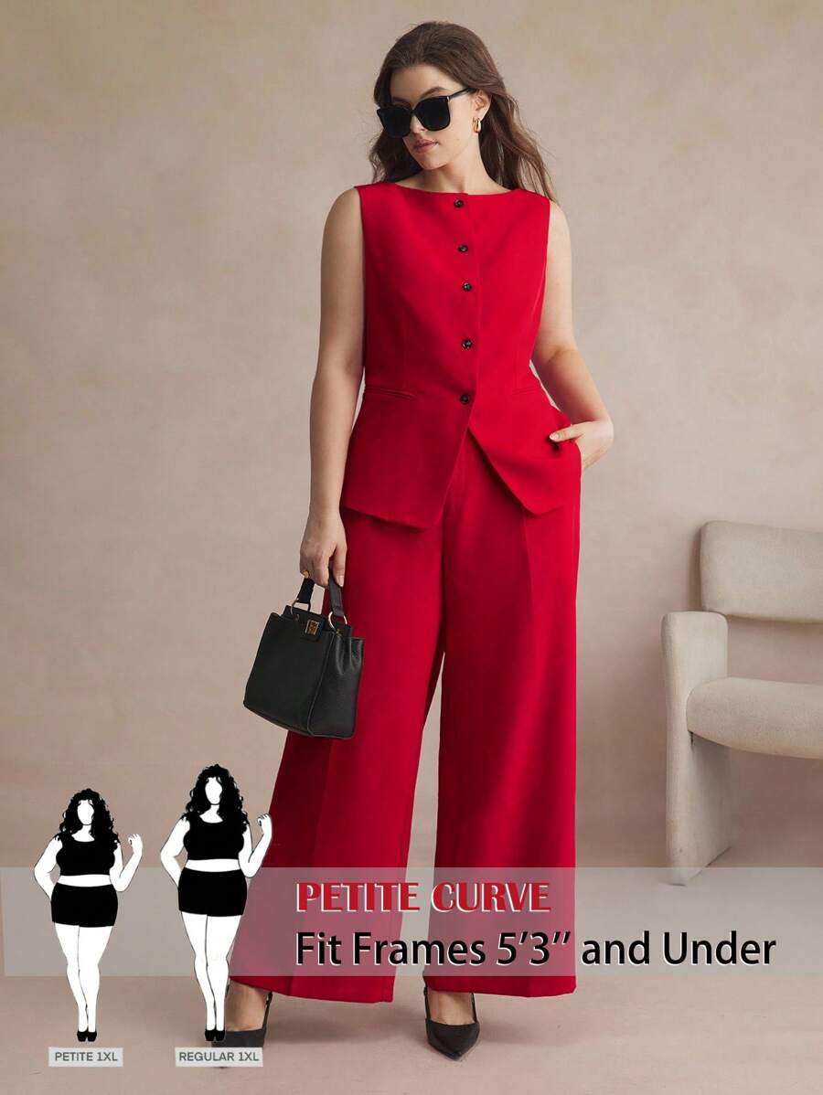 SHEIN PETITE CURVE Traje de chaleco y pantalones de unicolor elegante para talla grande en otoño/invierno - Rojo - Ver 1
