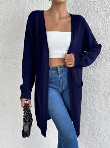EURMUSE Casual Solid Color Double Pocket Mid-Length Cardigan - Navy Blue - View 3