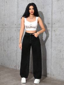 SHEIN ICON 女士口袋宽松阔腿休闲百搭牛仔裤