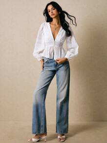 Poéselle 女士刺绣深V灯笼袖时尚衬衫