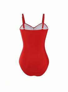 Swim Oasis Plus Size Women's Premium Oasis 2-Piece Red V-Neck Ruched Fitted Swimsuit With Matching Red High Slit Maxi Skirt, Summer Beach Vacation - Red - View 6