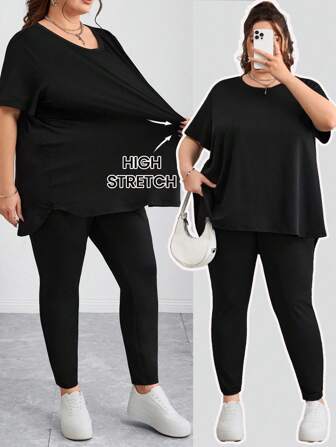 SHEIN CURVE+ Curves 大码/校服/返校服/返校大码女装春夏时尚休闲运动舒适基本百搭修身日常黑色短袖 T 恤和紧身裤两件套、裤子套装、街头服饰、机场服装、女士夏季服装、外出服装、Y2k 服装、极简主义风格、女士教堂服装 大码两件套服装 大码弹力服装 大码套装 大码服装