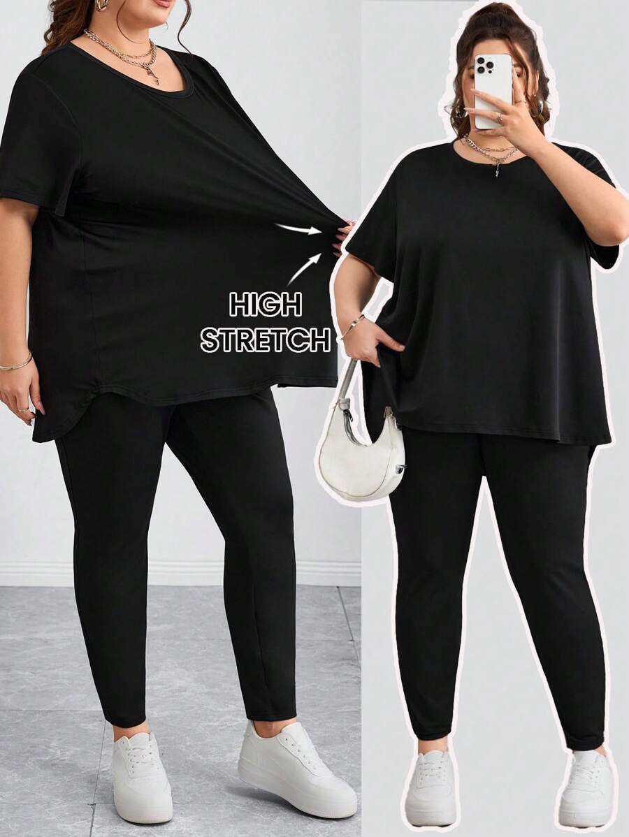 SHEIN CURVE+ Curves 大码/校服/返校服/返校大码女装春夏时尚休闲运动舒适基本百搭修身日常黑色短袖 T 恤和紧身裤两件套、裤子套装、街头服饰、机场服装、女士夏季服装、外出服装、Y2k 服装、极简主义风格、女士教堂服装 大码两件套服装 大码弹力服装 大码套装 大码服装 - 黑色 - 查看 1