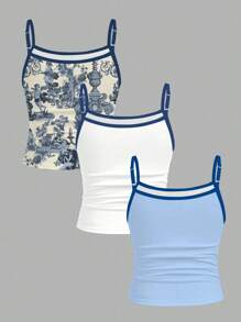 SHEIN 少女法国蓝天使雕像花卉图案，奶油蓝色水彩花卉，蓝色贝壳印花，撞色夏季吊带背心，复古风格，休闲度假风格，时尚，可爱，Y2K椰子女孩波西米亚风春假早午餐准备淡蓝色女孩之旅，霓虹海滩氛围