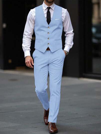 Manfinity Mode Herr Business Formell Knappknäppt Väst Kavaj Och Skräddarsydda Byxor Och Herr Väst Kostym Kläder 2 Delat Set Babyblå Kostym Herr Nightmare Before Christmas Ljusblå Byxor Elegant Outfit Ljusblå Kostym Klänning Kostym, Old Money Style