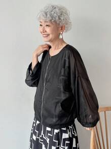 FRIFUL 黑色休闲梭织面料拉链圆领衬衫，黑色薄纱上衣，女士黑色薄纱衬衫，女士宽松衬衫，黑色薄纱长袖外套 - 黑色 - 查看 4