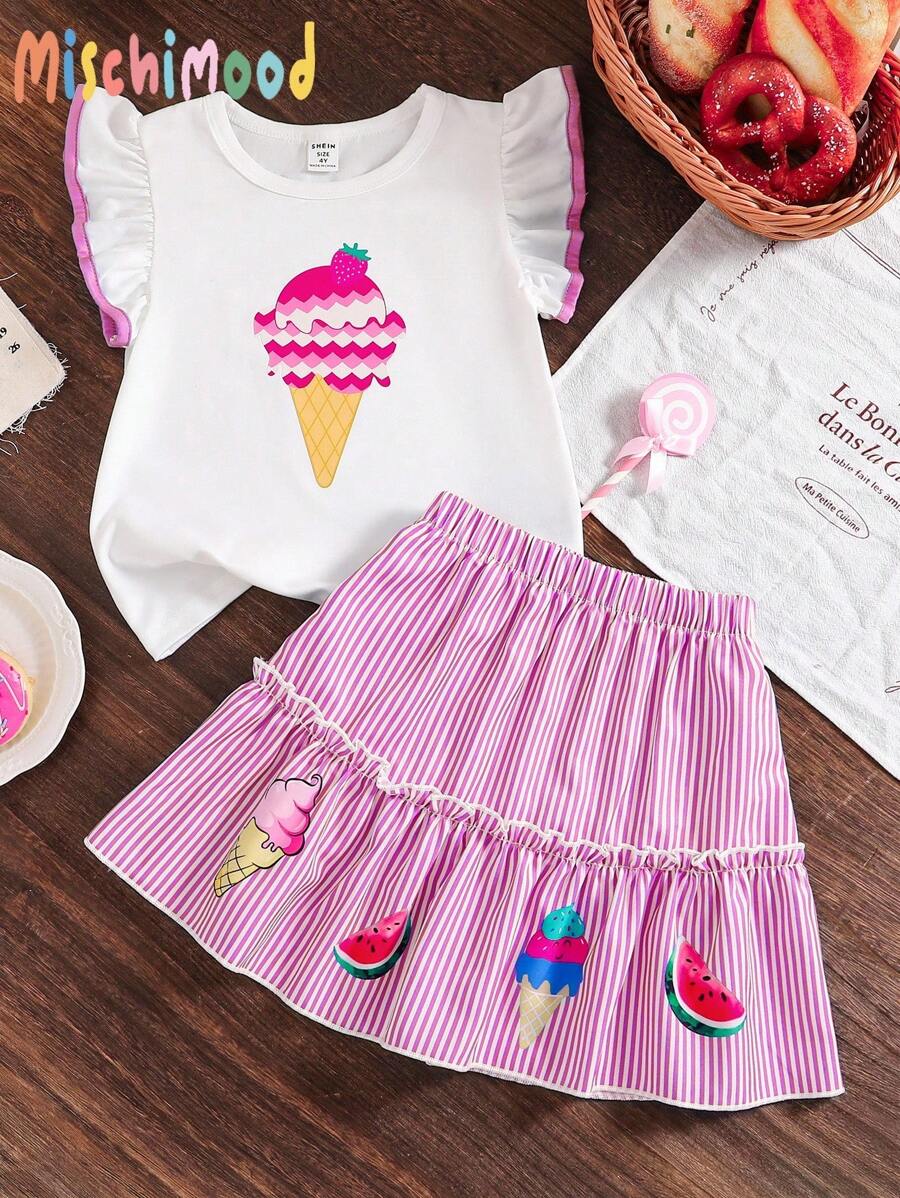 两件套女童套装，荷叶边袖上衣印有有趣的冰淇淋图案，搭配条纹裙。女童夏季套装，冰淇淋主题套装，女童夏季裙装，冰淇淋衬衫，女童秋季服装，返校季穿搭。 - 粉色 - 查看 1