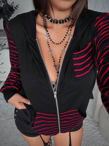 Flirla Grunge Punk Halloween Cute Cat Ear Striped Long Sleeve Comfortable Jacket Zip Up Hoodie Women Cat Ear Hoodie Fall Winter Cloth For Women Autumn - Black - View 3