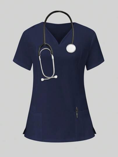 PopScrub Women's Solid Color V-Neck Short Sleeve Pocket Casual Nursing Uniform Top