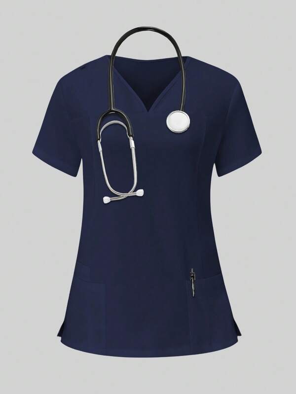 PopScrub Women's Solid Color V-Neck Short Sleeve Pocket Casual Nursing Uniform Top