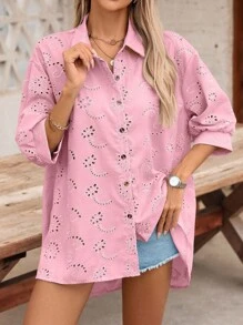 SHEIN VCAY Women's Laser-Cut Embroidered Lantern Sleeve Single-Breasted Casual Blouse - Pink - View 6