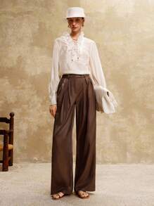 Arave Pantalones casuales plisados de diseño de cuero sintético estilo francés holgado para ir al trabajo, vuelta al colegio, otoño, primavera - Café integral - Ver 3