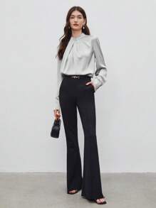 BizChic 女式不对称设计褶饰宽松立领长袖上衣，基本款简约优雅商务休闲装，适合城市通勤，适合教师、办公室、婚礼、音乐会