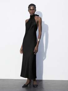 Maija 女士无袖露背纯色连衣裙，现代都市优雅设计，性感优雅，适合夏季，情人节 - 黑色 - 查看 7