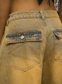 COUREZ 低腰牛仔短裤，黄色水洗/Y2K低腰牛仔裤，外出穿搭，街头风，棉质，复古，秋季女装，秋季服装，度假穿搭 - 芥末黃 - 查看 4