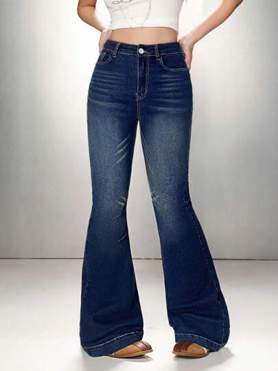 SHEIN EZwear Women's Casual Skinny Stretch Flare Jeans, Blue Flare Jeans Women