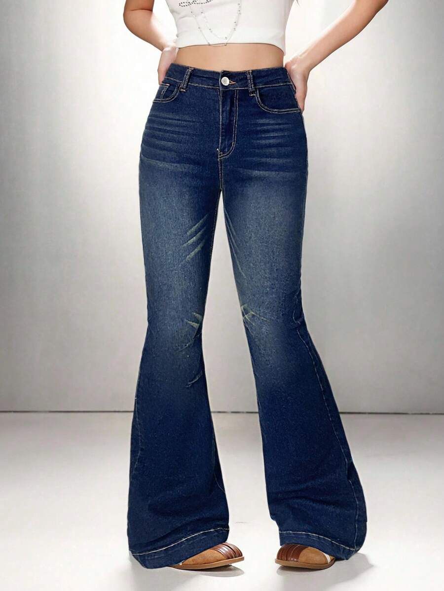 SHEIN EZwear Women's Casual Skinny Stretch Flare Jeans, Blue Flare Jeans Women - Dark Wash - View 1